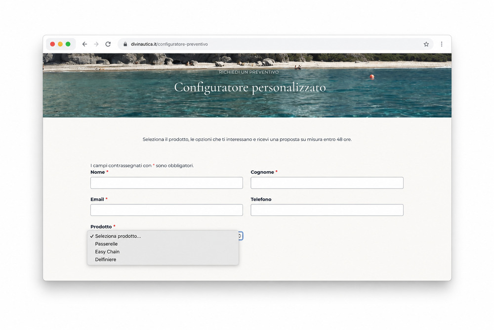 Configuratore per la richiesta di preventivo del sito Divi Nautica