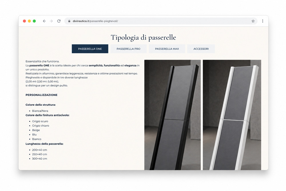 Pagina del sito Divi Nautica dedicata alle passerelle ONE PRO e MAX