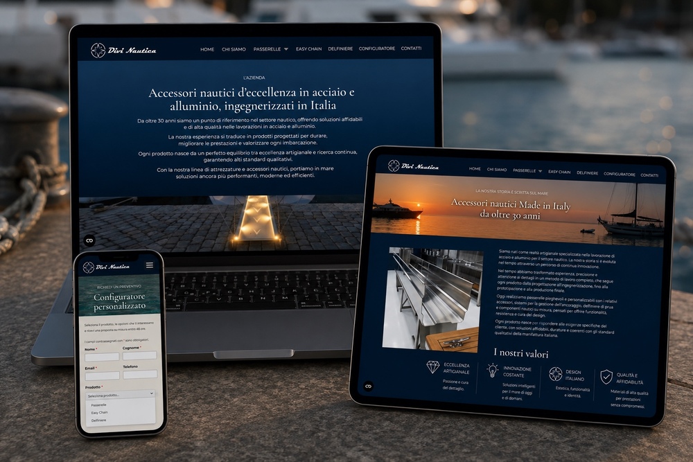 Sito web Divi Nautica visualizzato su desktop, tablet e smartphone