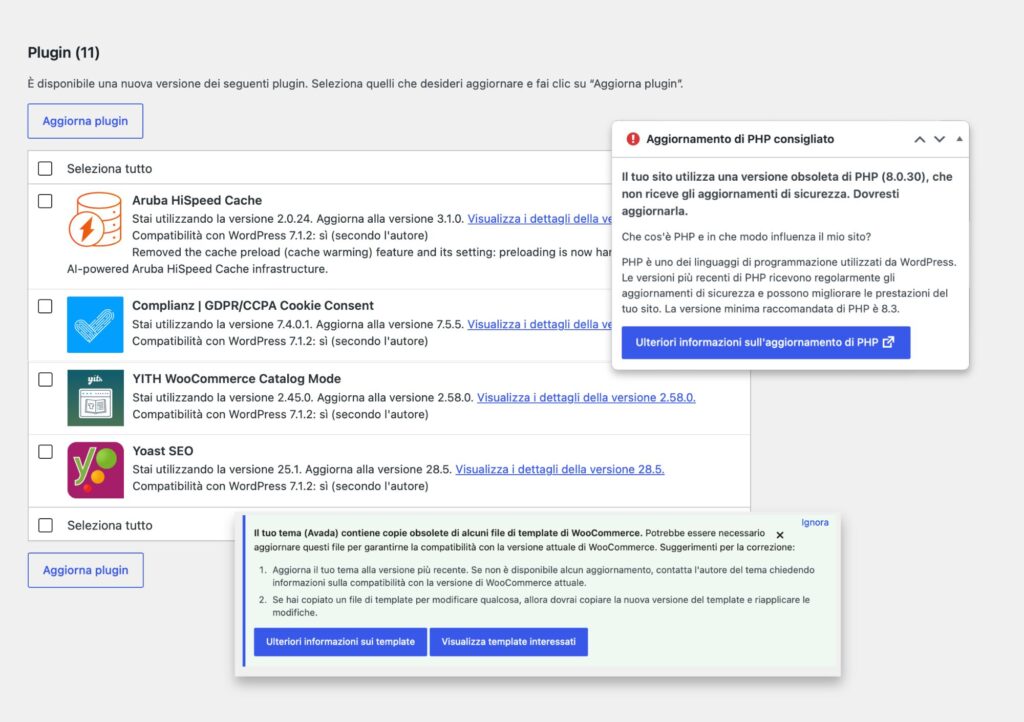 Vari avvisi di manutenzione in un sito WordPress