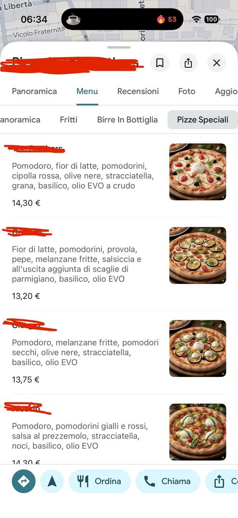 Schermata di un menu su Google con fotografie di pizze dall'aspetto artificiale.